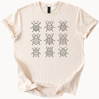Insect illustration t shirt with hand drawn beetle designs natural tee
