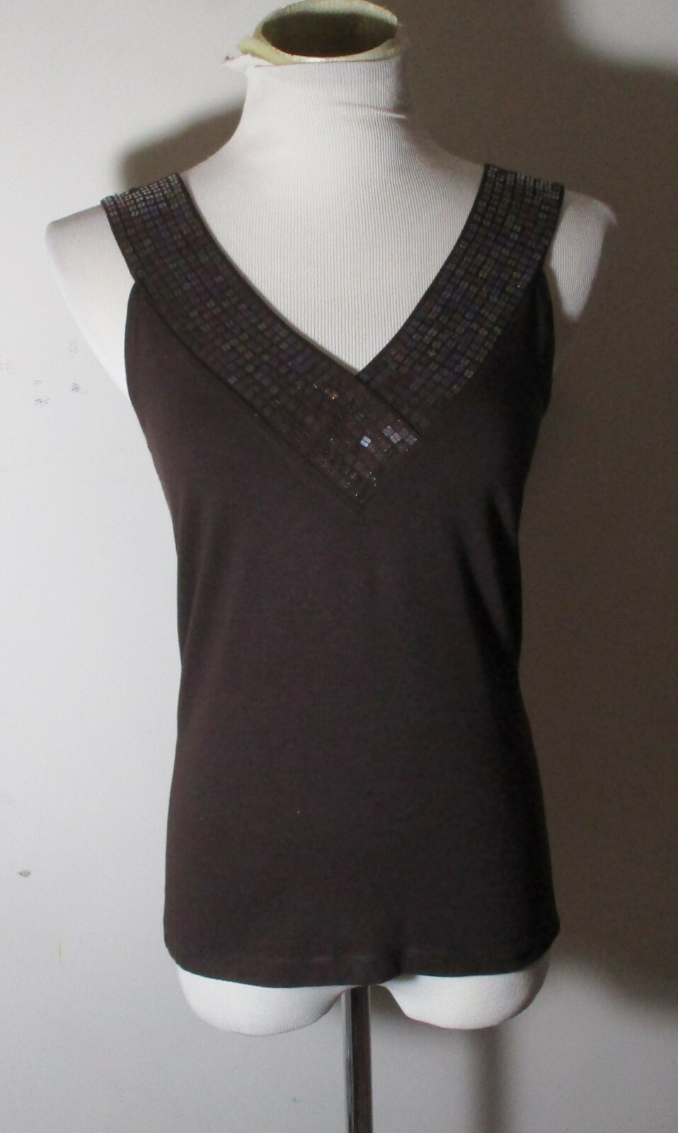 CASLON Brown Sequin Beaded Trim Sleeveless Top Size S for Women