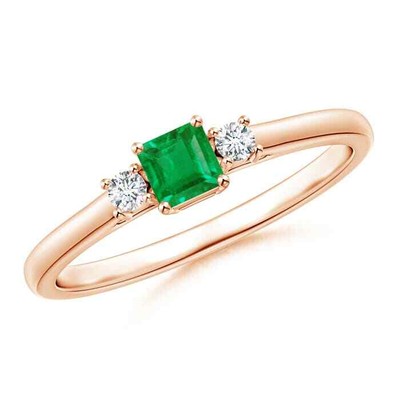 ANGARA 0.27 Ct Square Emerald and Diamond Three Stone Ring in 14K Solid Gold