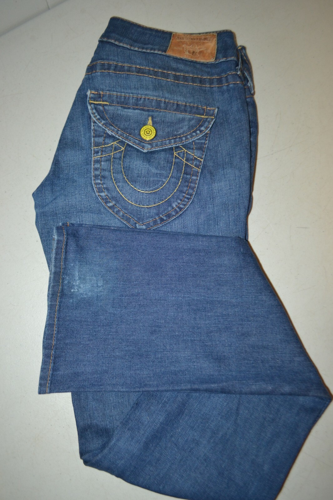 True Religion Women's Straight Pocket Flaps Yellow Buttons Blue Jeans Sz 27x34