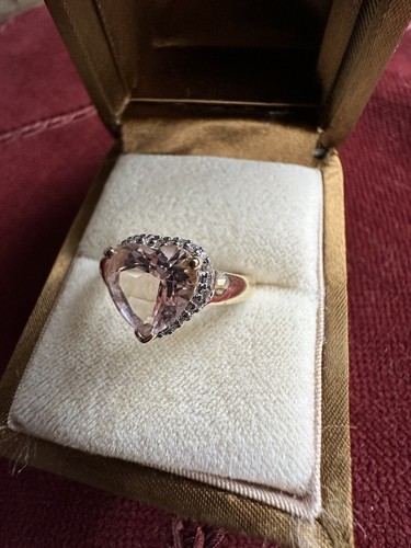 14K Gold Estate 24 Diamond 2.50ct Pink Morganite Heart Cushion Halo Ring 2.84 Gr - Picture 14 of 24
