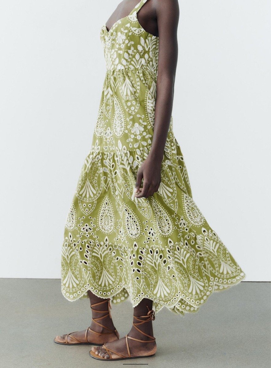 ladies dresses at zara ZARA WOMEN SZ. XS, M, L OPENWORK EMBROIDERED MIDI MID GREEN DRESS :  3229/472 NWT