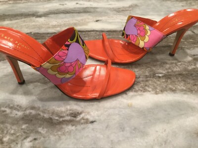 Kate Spade Magic Sandal in Chocolate Paisley and Orange .  9.5 M.