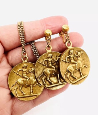 ALVA STUDIOS Bull Rider Mythological Necklace Earrings Signed Vintage Jewelry