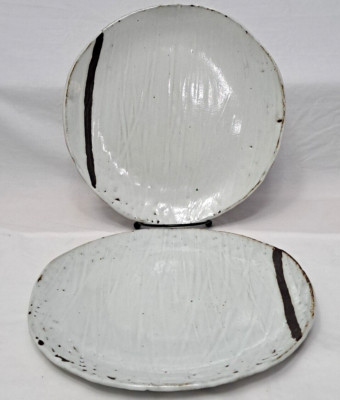 Pair Of Modernist Artisan Made Pottery Dinner Plates Off White Dark Brown Signed