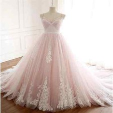 Blush Pink Princess Wedding Dresses Straps A line Lace Court Train Bridal Gowns