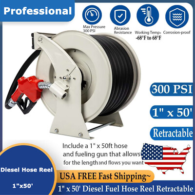 300PSI Diesel Fuel Hose Reel Retractable 1''x50' Spring Driven Auto Swivel Rewind