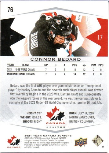 Connor Bedard 2021 UD Team CANADA Juniors BASE CARD Rookie Card 