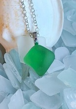 Melon Green - Genuine Sea Glass pendant  17" chain necklace