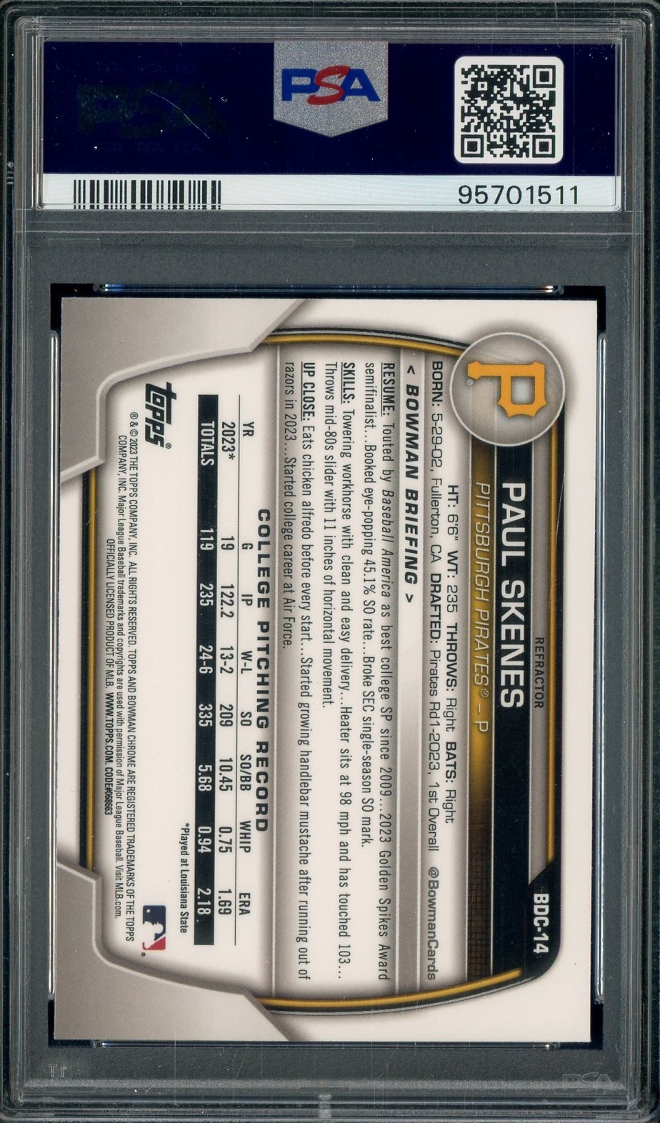 2023 Bowman Chrome Refractor #BDC14 Paul Skenes Pirates RC Rookie PSA 10 view 2