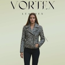 Womens Gray Print Cowhide Leather Jacket Bike...