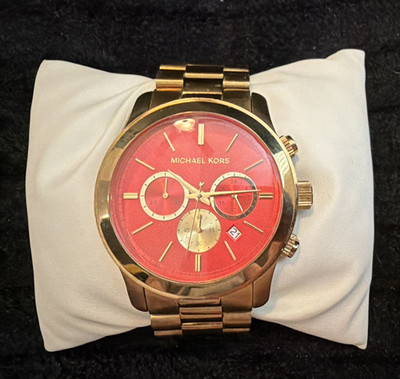 Michael Kors Women s Gold Tone Quartz Watch Red Dial Date Bracelet 100m 40mm