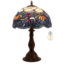 Tiffany Table Lamp Stained Glass Bedside Lamp Blue Lotus Desk Reading Light 18"