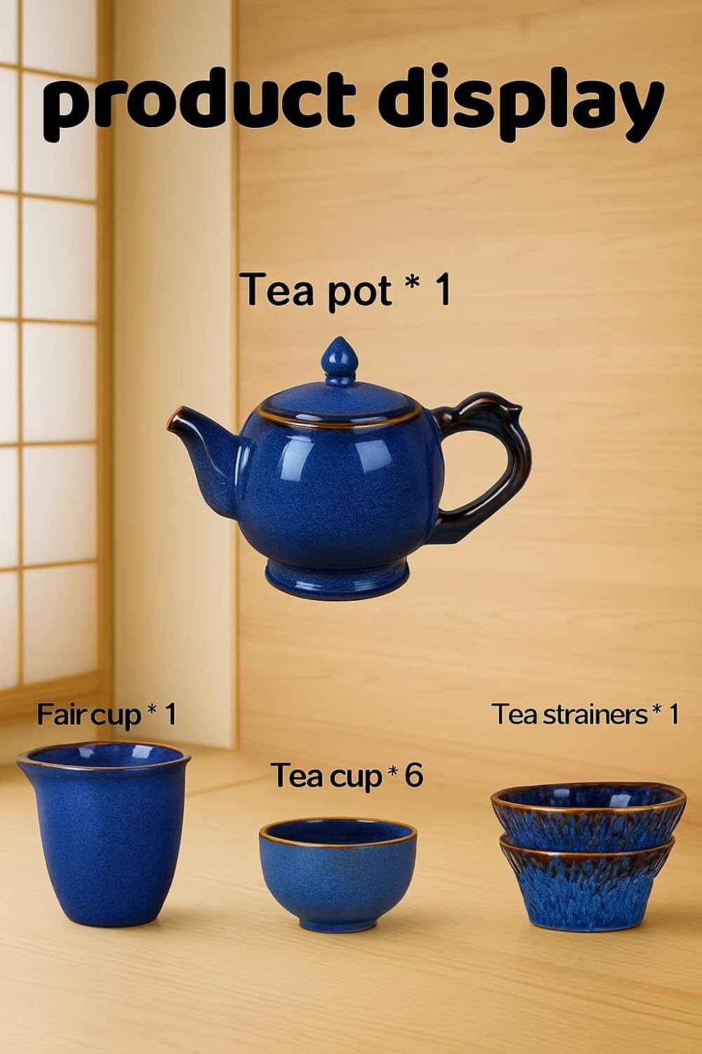 Chinese gongfu tea set porcelain,9-Piece 9 Pieces, Deep Blue With Gold Trim 