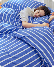 Striped Duvet Cover Queen Size, Cotton Bule Stripes Bedding Set 3 Pieces, Soft