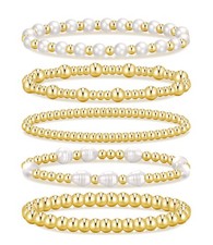 iF YOU Gold Beaded Bracelets for Women, 14K Large, 5 PCS pearl