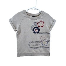 Tea Size 6 Knit Sweatshirt Top Short Sleeve Embroidered Floral Design Tan Girls