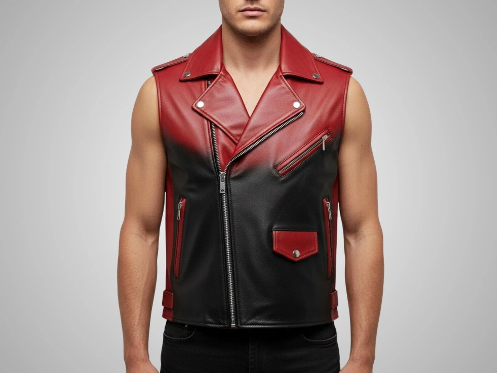 Red & Black Leather Biker Vest for Mens with Chest Pockets – Zippered Motorcycle
