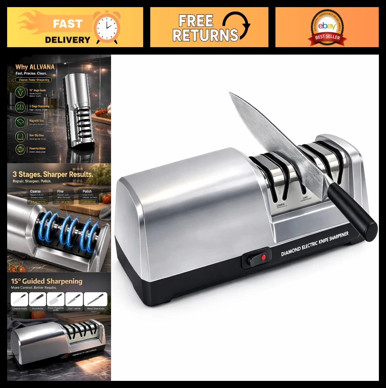3-Stage Electric Knife Sharpener - Portable Stainless Steel, 15° Angle Guide, Fa