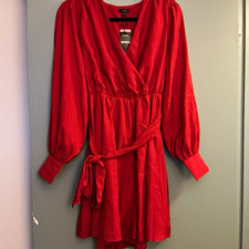Express Red Solid V-Neck Wrap Dress Long Sleeve Belted Tie Waist Short Size S