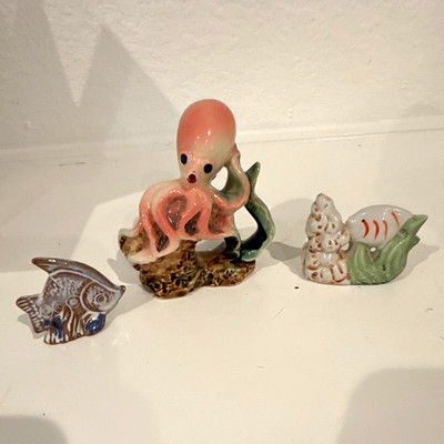 Hand Painted Glazed Ceramic Sea Life Figurines 3pc Octopus Fish Snail Japan