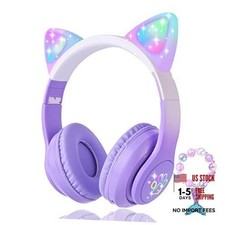 Cat Ear Kids Headphones Bluetooth, LED Light up Wireless/Wired Mode Over Purple