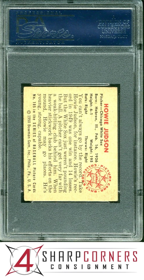 1950 BOWMAN #185 HOWIE JUDSON RC WHITE SOX PSA 5 - Image 2 of 3