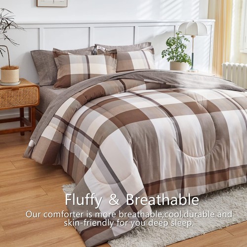 AIKASY Bed in a Bag 7 Piece Queen Size Brown Plaid Design Soft Microfiber Rev... - Picture 4 of 7