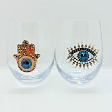 Rachel Zoe Stemless Wine Glass Rhinestone Jeweled EYE/HAND Set Of 2