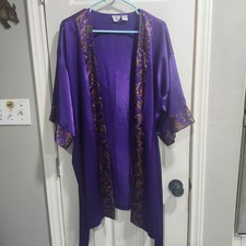Sopr  Lingerie Purple Satin Kimono Robe S/M Paisley Trim Belted Sleepwear