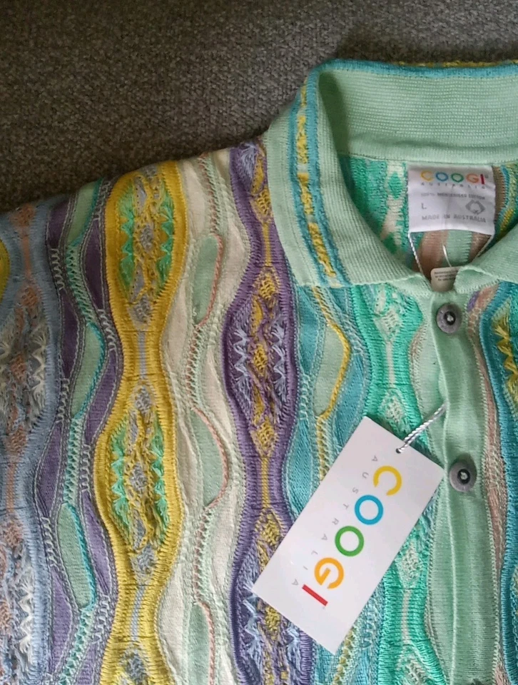 Vintage Coogi Sweater Men's L Multicolor Pastel Colorful Collar Button Up Biggie - Image 4 of 4