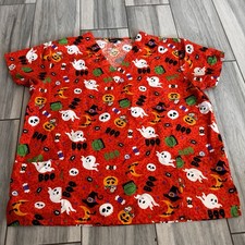 Women  s Cassandra O Halloween Ghost Pumpkin Bat Scrub Top 2XL Frankenstein  