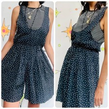 Vintage 80s Black White Polka Dot Romper Mini Dress / Skort Whimsy Goth Small