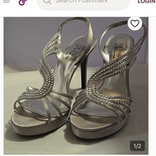 Nina Women's Silver Satin Rhinestone Strappy Open Toe Slip-On Heels ...size 8
