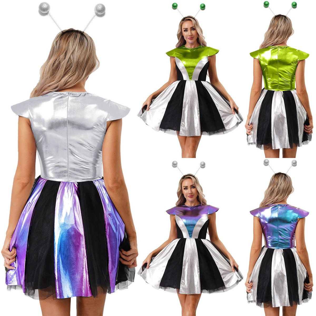 Women Dress Metallic Fancy Dress Puffy Dress Costume Shiny Space Vacation 2Pcs