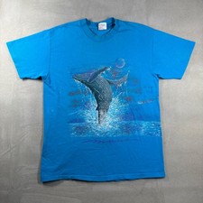 Vintage 90s Maui Whale T Shirt Hanes Heavyweight Blue Single Stitch Mens L USA