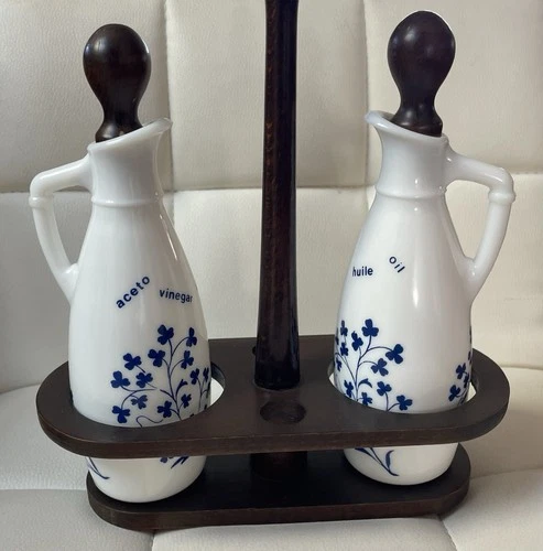 Vintage Milk Ware Oil & Vinegar with Stand and Matching Salt & Pepper Shakers