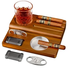 Wooden Cigar Ashtray Set with Lighter Cutter Outdoor Indoor Accessories Gift ...