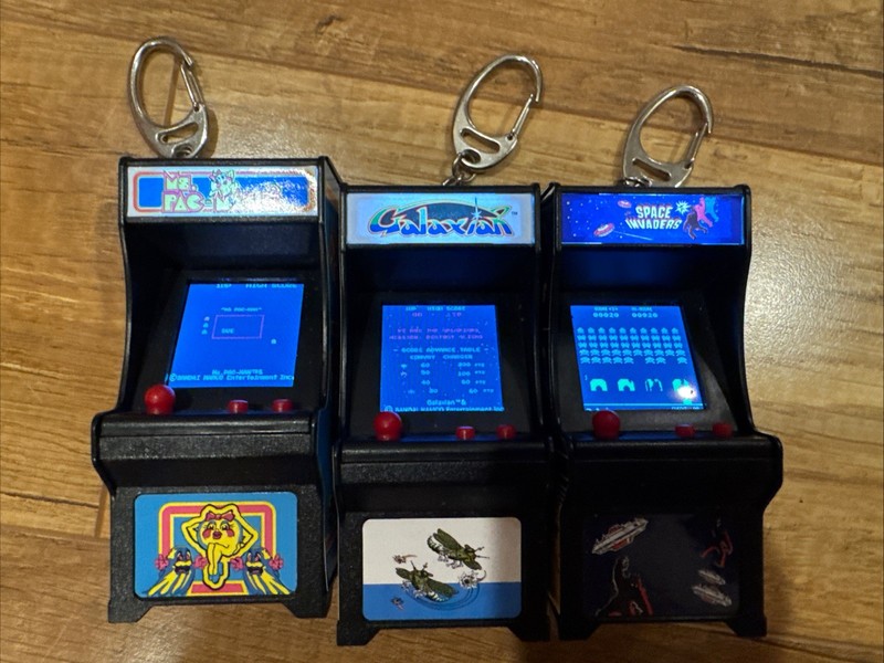 3 Mini Arcade Cabinets Keychains Ms. PAC Man Space Invaders Galaxian