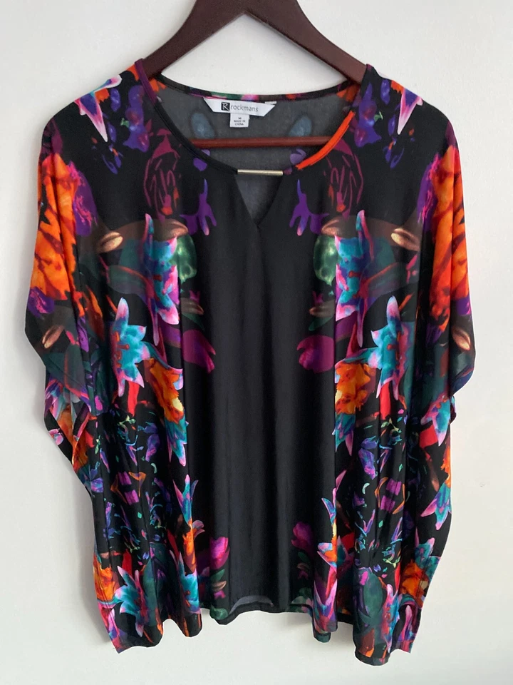 Rockmans Blouse Womens Medium Black Multicolor Kaftan Round Neck Flowy Stretch
