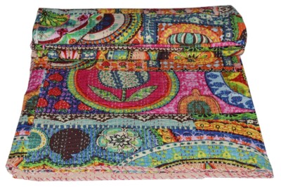 Indian Handmade Twin Cotton Kantha Quilt Throw Blanket Vintage Quilt Bedspread 