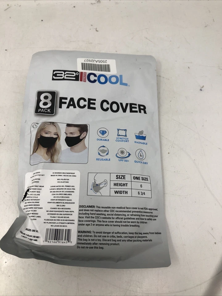 32 Degrees Cool One Size Unisex Face Cover 8 Pack,4Black,2med grey 1navy 1g - Image 4 of 4