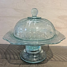 TEAL Green PEDESTAL BUTTER Cheese DISH LID VINTAGE INDIANA GLASS MADRID VTG