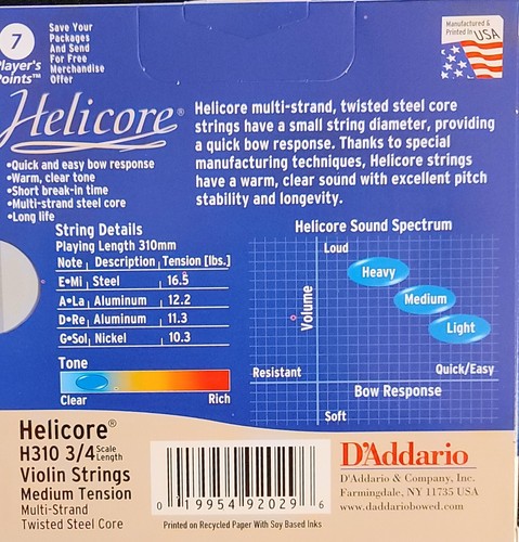 Helicore Violin Strings, 3/4 Size D'Addario H310 3/4 - Picture 2 of 2