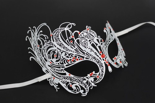 Elegant Masquerade Masks White Swan Venetian Metal Mask with Red Crystals - Picture 2 of 3