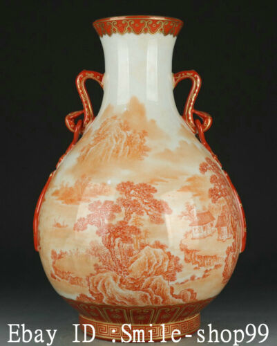 15.1" Old Alum Red Porcelain Gild landscape Wishful handle Flower Bottle Vase