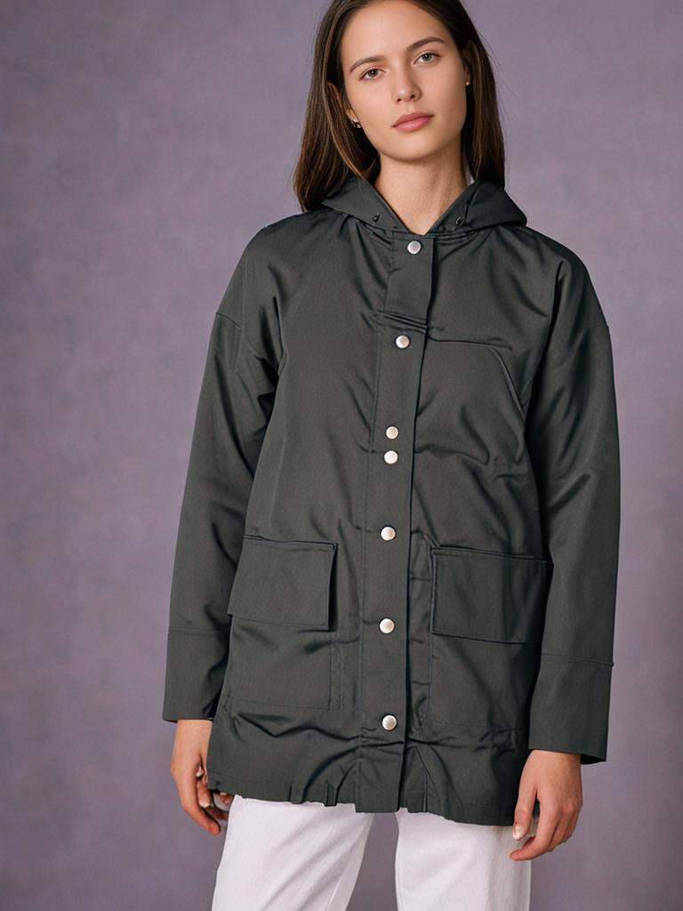 Womens Jacket Size UK 10 Charcoal Boohoo Rain Mac Coat Hooded RRP £55 image 3