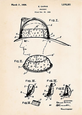 1926 Vintage Firefighter Helmet US Patent Art Print Antique Fire Cairns Gifts