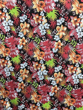 Red black Hawaiian Flowers Poly Cotton 60  Wide fabric- None Stretch