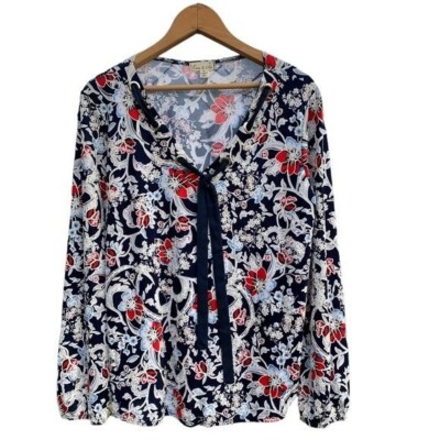 Emi & Joe Red White & Blue Blouse Floral Top Size XL V Neck Long Sleeve